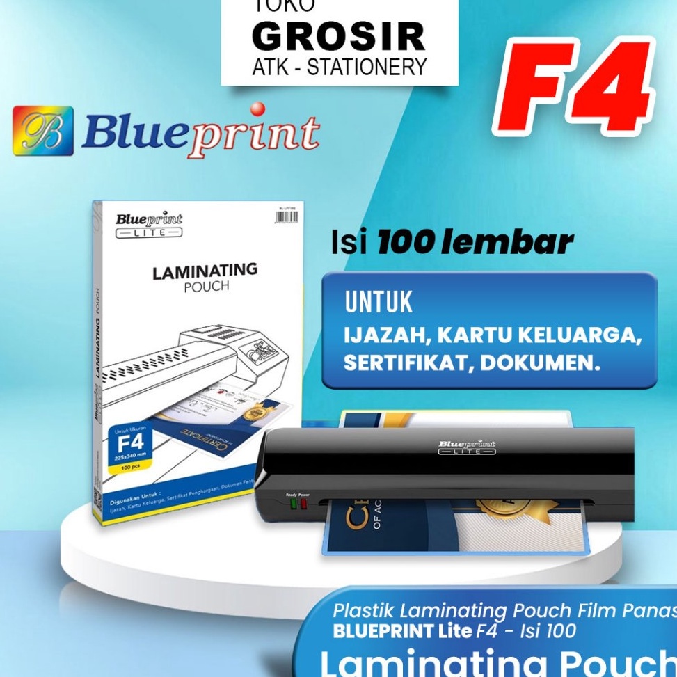 

KODE E87G Plastik Laminating F4 LITE Pouch Film Panas BLUEPRINT Isi 1 pcs Foxy Grosir Market