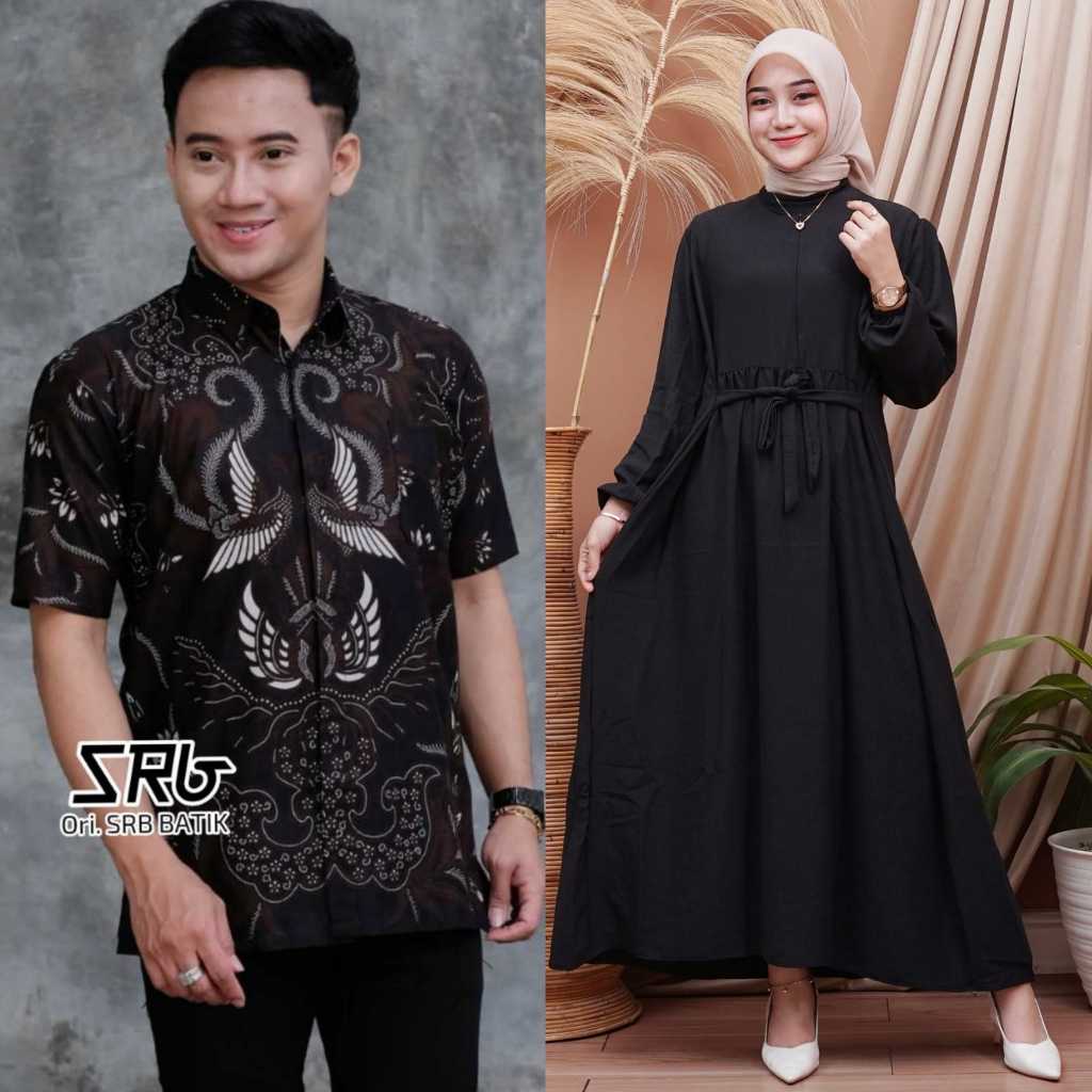 Couple gamis kringkel hitam polos premium dan kemeja batik lengan pendek. baju couple keluarga