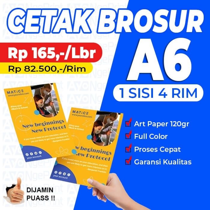 

Cetak Print Flyer Brosur A6 (1 Sisi ) 4 rim / 2.000 lbr | Art Paper 120 gr Custom Murah !