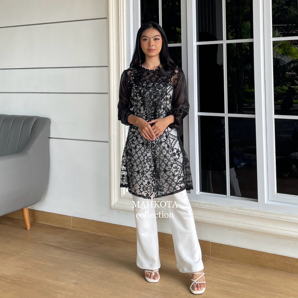 Fiona Tunik Outer Silang Brukat Etnik Full Payet Outer Brukat Kondangan / Tunik Lebaran Baju Hari Ra