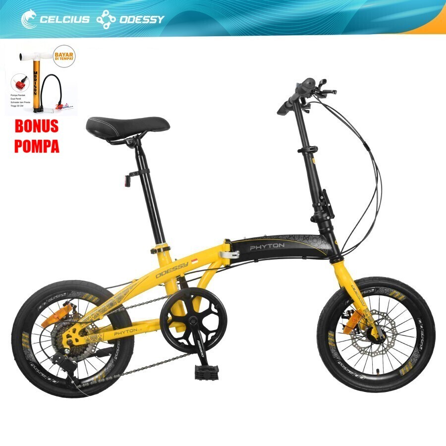 (BONUS POMPA) Sepeda Lipat Odessy Phyton 16/20x1.50 Inch Frame Steel Folding Bike 1x7 Speed Disc Bra
