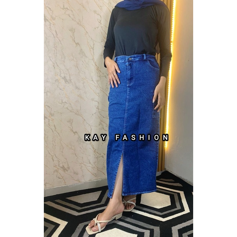 KAY FASHION ROK Jeans Cargo Panjang Wanita | Rok Jeans Cargo Skirt Belah depan | Rok Jeans Haightwai