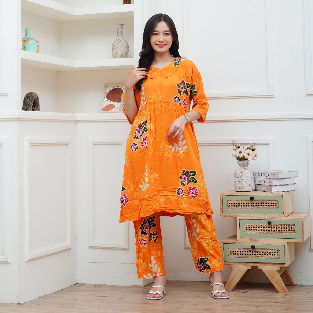 Setelan Celana Panjang Tunik Safira Motif Daun Batik Pekalongan Putri Dania