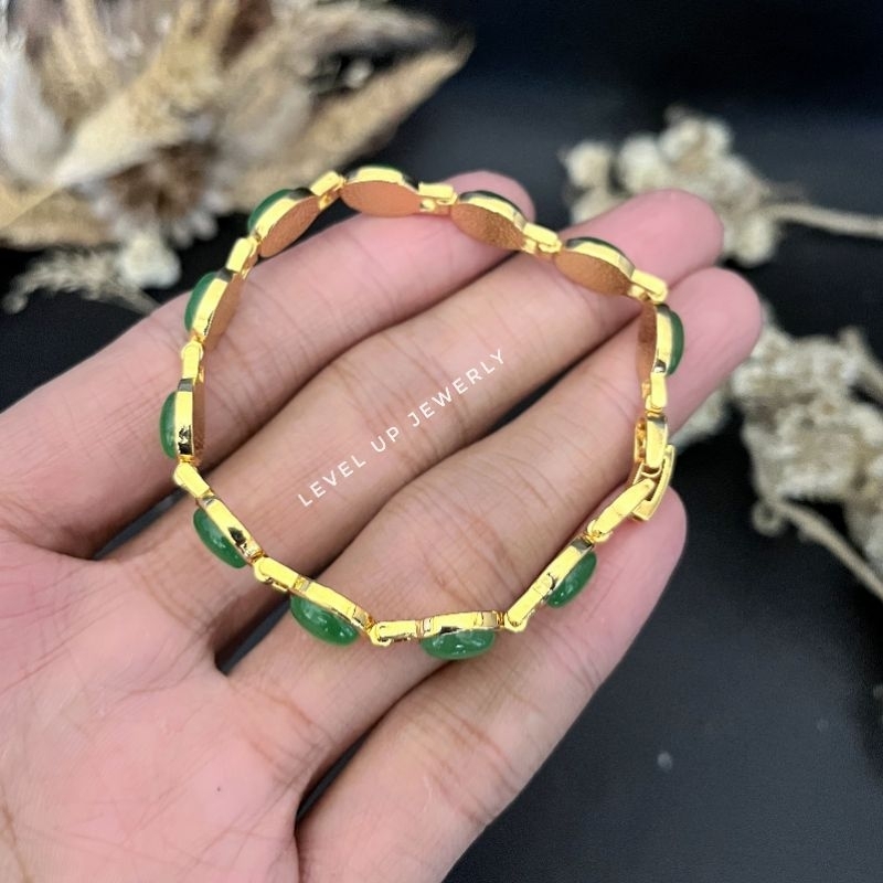 Gelang Permata Giok Asli | Bahan Tembaga Lapis Emas Hongkong | Lapisan Emas Tebal | Warnanya Bisa Di
