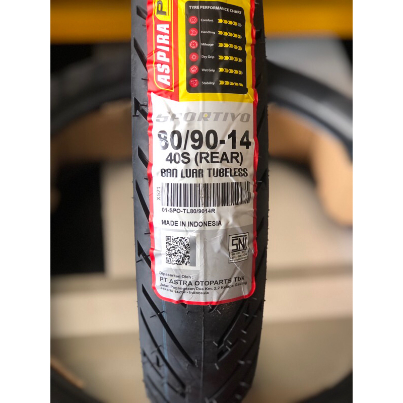 Ban 80 90 14 Aspira Premio Sportivo Tubeless Untuk Ban Depan dan Belakang Motor Scooter Metic Mio sp