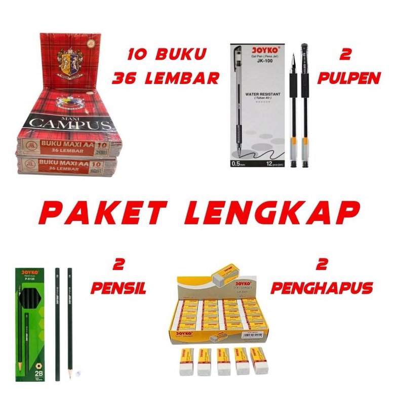 

BUKU KAMPUS PAKET MURAH Buku kampus 36 isi 1 pcs 2 pcs pulpen Joyko 2 pcs Pensil Joyko 2 Penghapus joyko s PT6