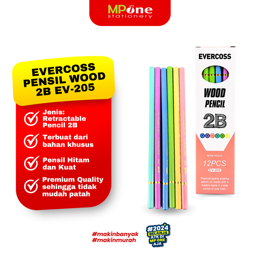 

(1 KOTAK) Evercoss Pensil 2B Wood EV-205 / Wood Pencil / Pensil 2B Evercoss / Pensil 2B EV 205 Isi 12PCS
