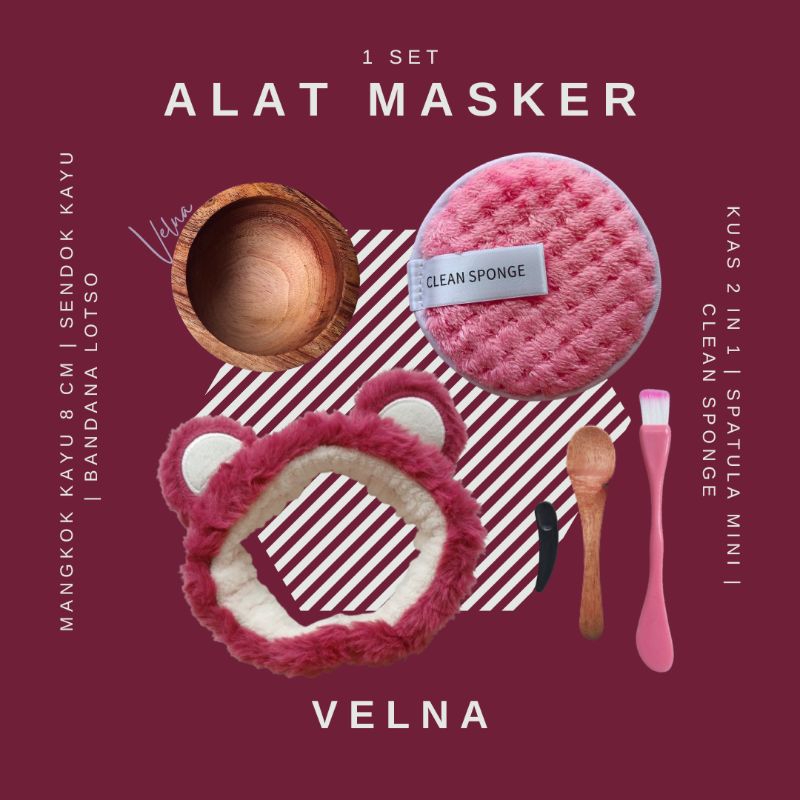 Velna 1 Set Alat Masker (Lotso), Clean Sponge, Mangkok & Sendok Kayu, Kuas Masker 2 in 1, Spatula Mi