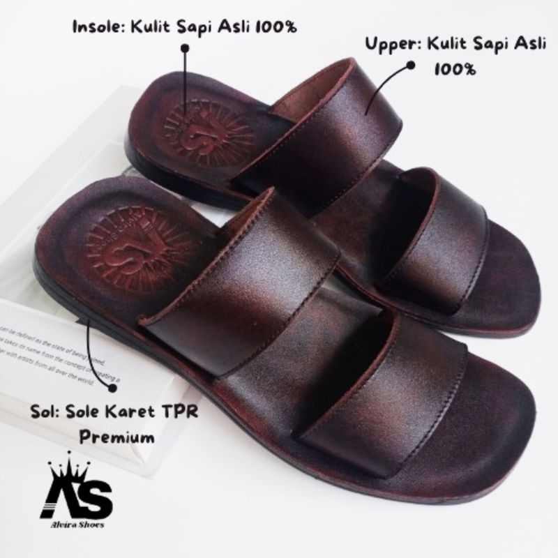 Sandal Pria Kulit sapi Asli, Sandal santai pria Kulit Asli, Sandal kokop ban 2 kulit Sapi Asli, Send