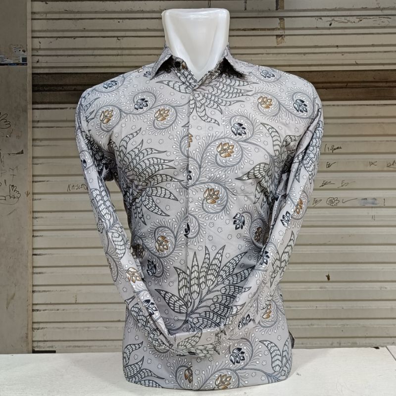 Fatih Batik Medan - Batik Pria Lengan Panjang Abu-Abu HM1487 Seragam Batik Cowok Pesta Pernikahan Da