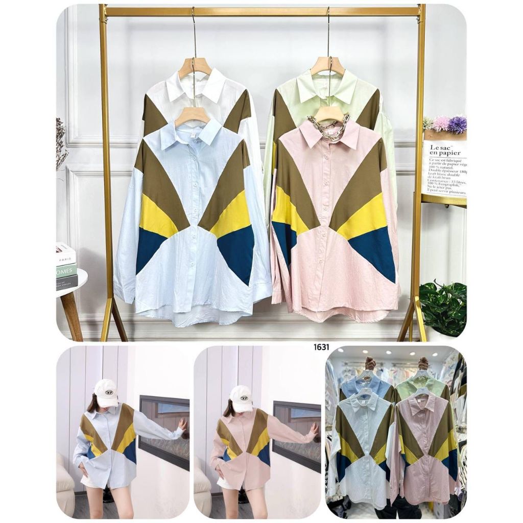 KEMEJA  VARIASI MOTIF TRIPLE COLOR LENGAN PANJANG KERAH V NECK PREMIUM WANITA BASIC KEMEJA PANJANG W