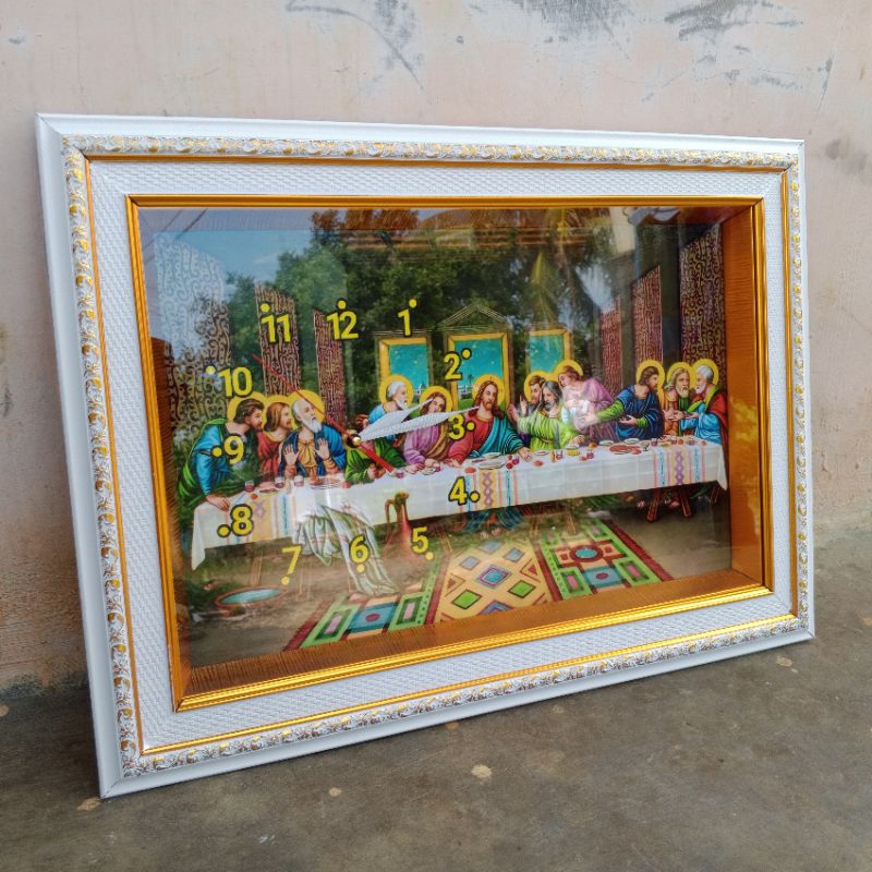 Bingkai Jam Dinding gambar Perjamuan Kudus / Hiasan Rohani Kristen / Ruang Tamu / Bingkai Putih / Po