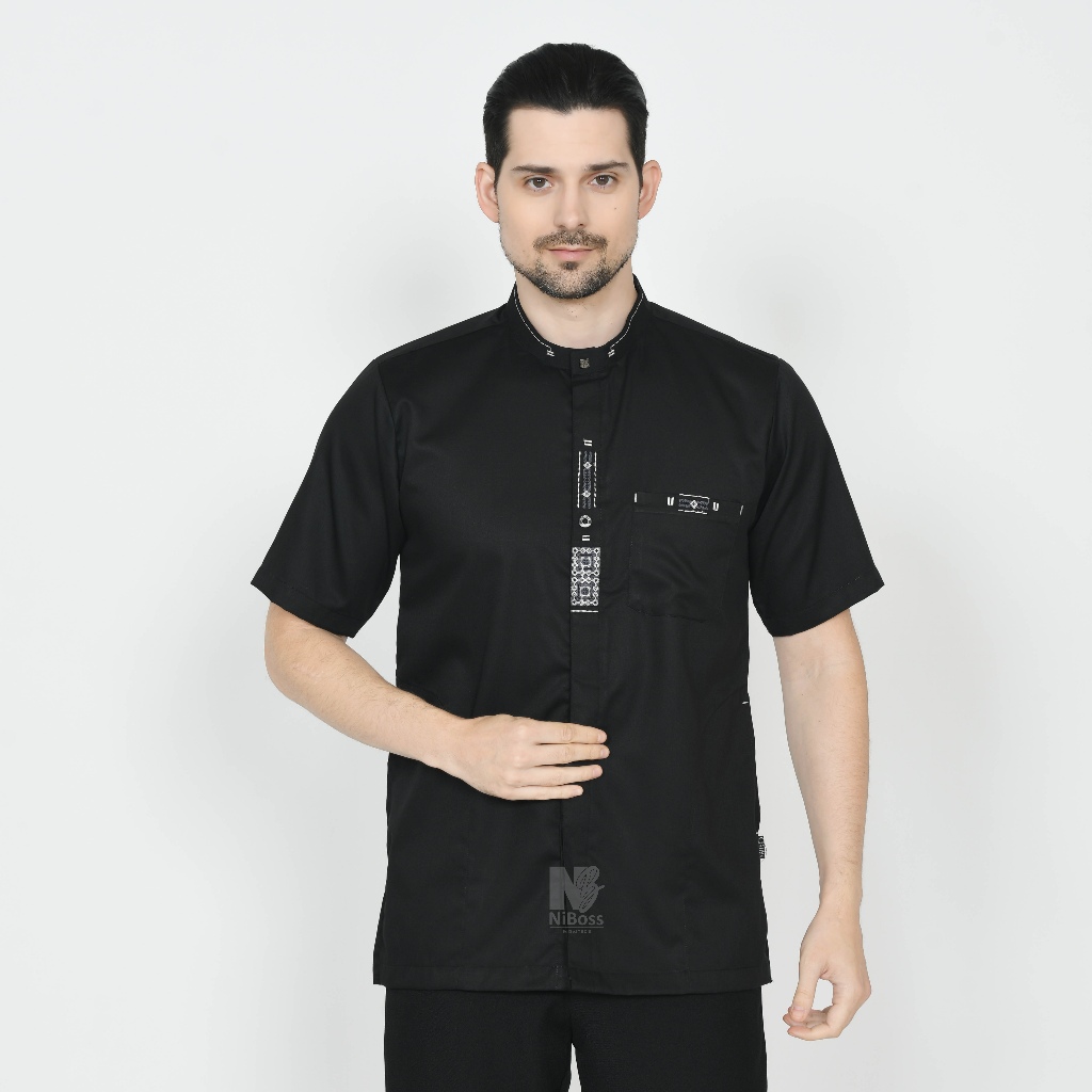 Baju Koko Hitam Pria Lengan Pendek Kemko Dewasa Motif Bordir simpel Seragam Hadroh Santri Taqwa