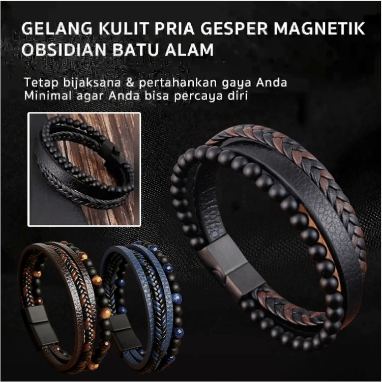 100% AsliGelang Kulit Gesper Magnetik Obsidian Hitam Batu Alam Gelang Pria Batu Keren