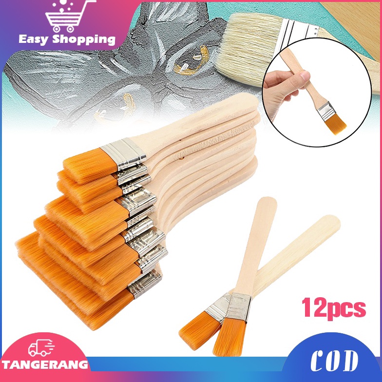 

12pcs Kuas Lukis Lebar Gagang Kayu Kuas Lukis Bali Artist Kuas Cat Tebal Halus Nylon Flat Painting Brush t T5R2