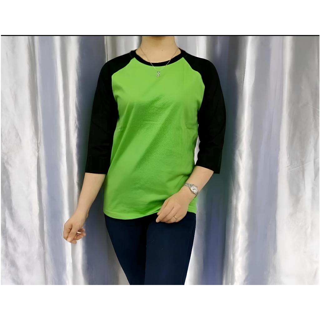 Kaos Reglan Polos Hijau Stabilo/Hitam Lengan 3/4 Pria & Wanita (Unisex) M, L, XL & XXL