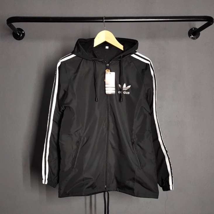 KODE H87J Jaket Pria Parasut Adidas Windbteaker Hitam List Putih XL XXL  Jaket Parsut Jumbo  Jaket O