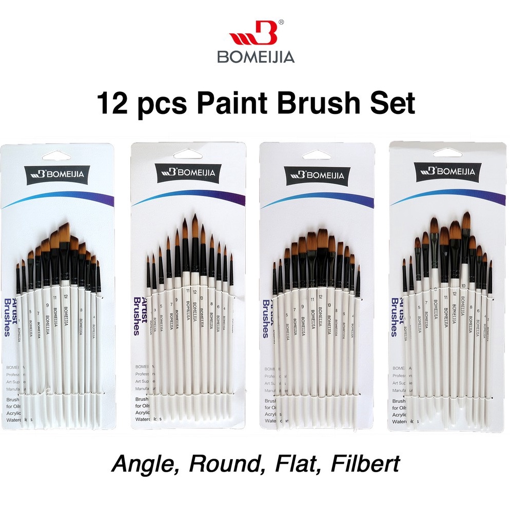 

KODE R43B BOMEIJIA Artist Short Handle Brush Round Filbert Angle Flat 12pcs