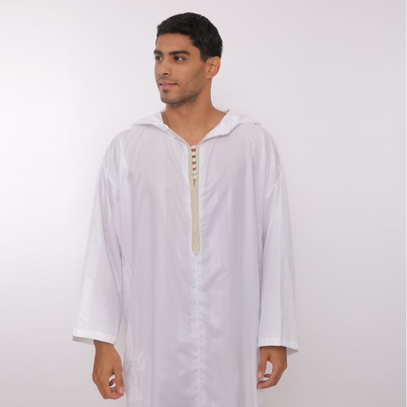 Baju Umroh Gamis Hoodie Djellaba Maroko Jalabah Jubah Kapucong Maroko Pria Polycotton Putih