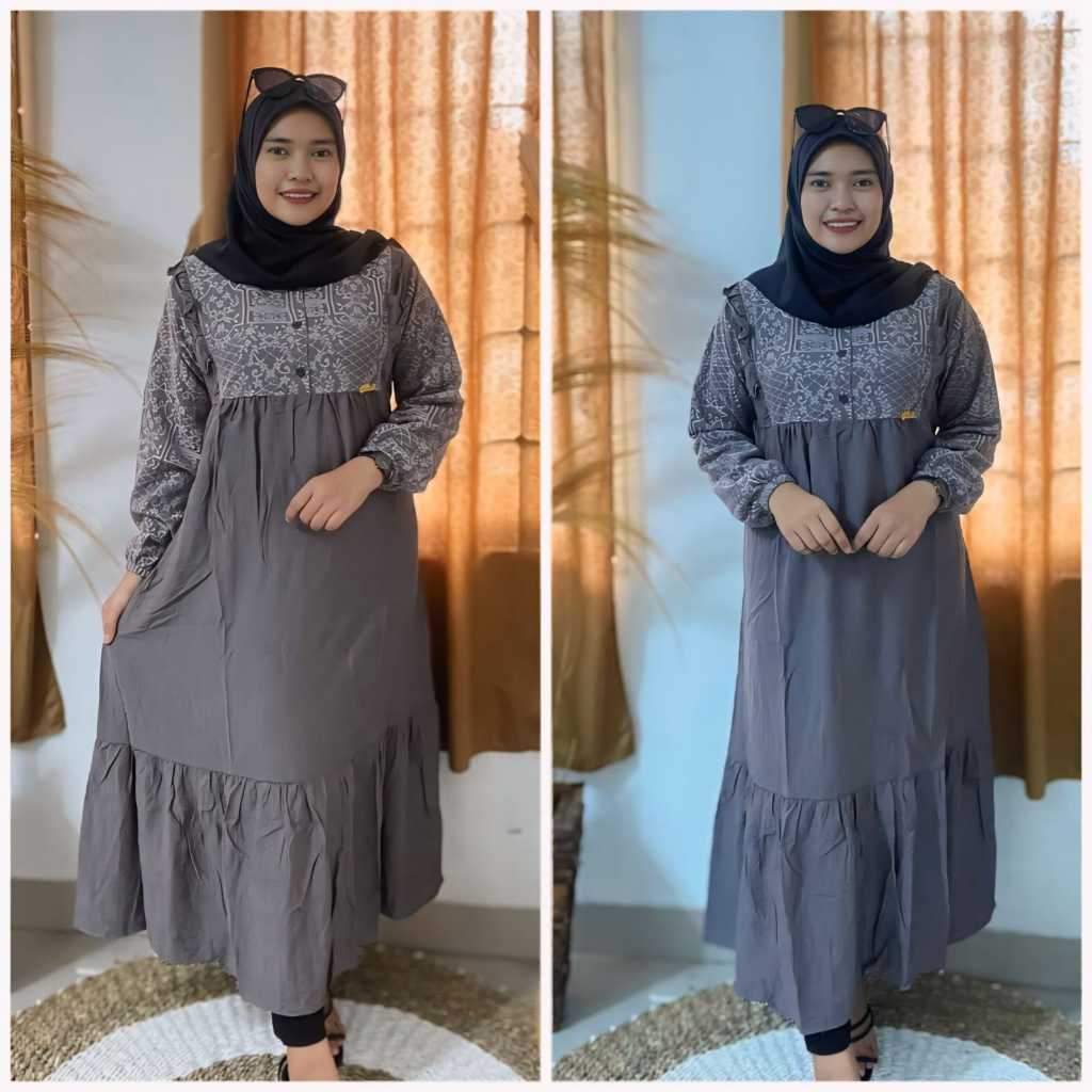 AZHAR BUSANA SHOP MALIKA MIDI DRESS NEW KEKINIAN BAHAN POLOLINEN MIX BROKAT ELENGANT