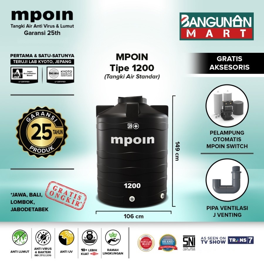 Tangki Air Toren MPOIN 1200 Hitam Tangki Air Anti Virus & Lumut