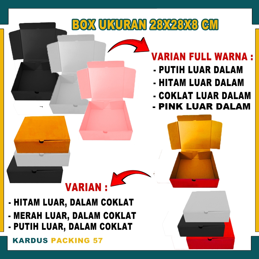 

Kardus uk 28x28x8 cm Die Cut Box Kotak Aksesoris Baju Makanan Pizza Hijab Box Polos