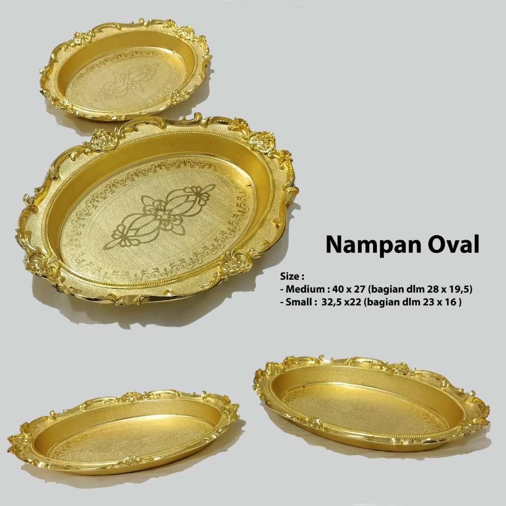 Nampan Emas Kuning Gold Bulat Oval Motif Dekorasi Tamu Jamuan