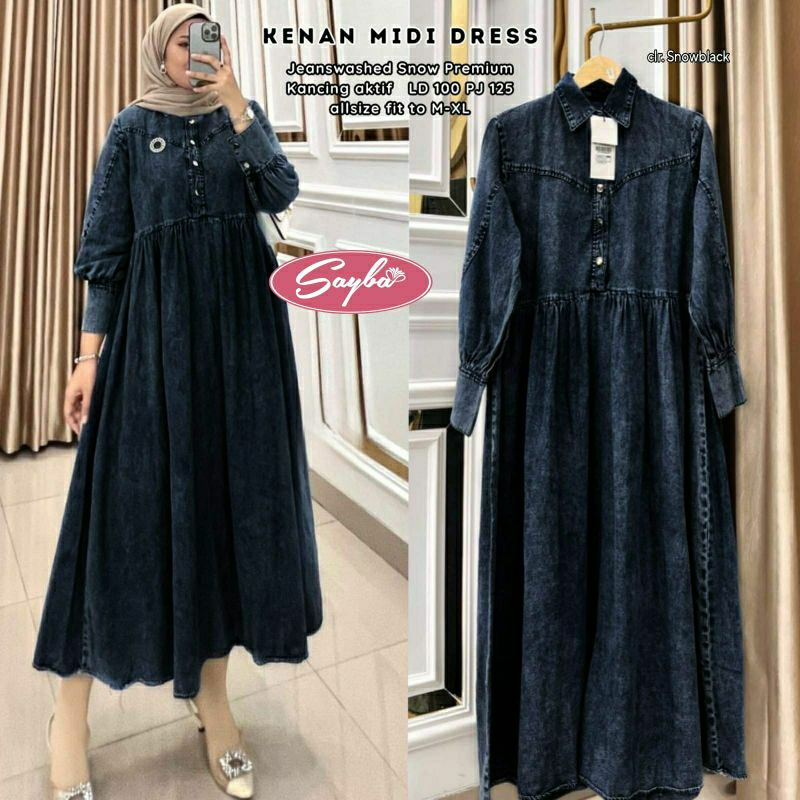 Kenan Midi Dress Maxy Gamis Polos Hitam Jeans Snow Ld 100 Fit XXL Busui Kancing By Sayba
