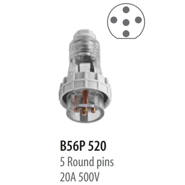Boss IP56 B56P 520  & 532 & 550 - 5 ROUND PINS PLUG 20A & 32A & 50A / 500V