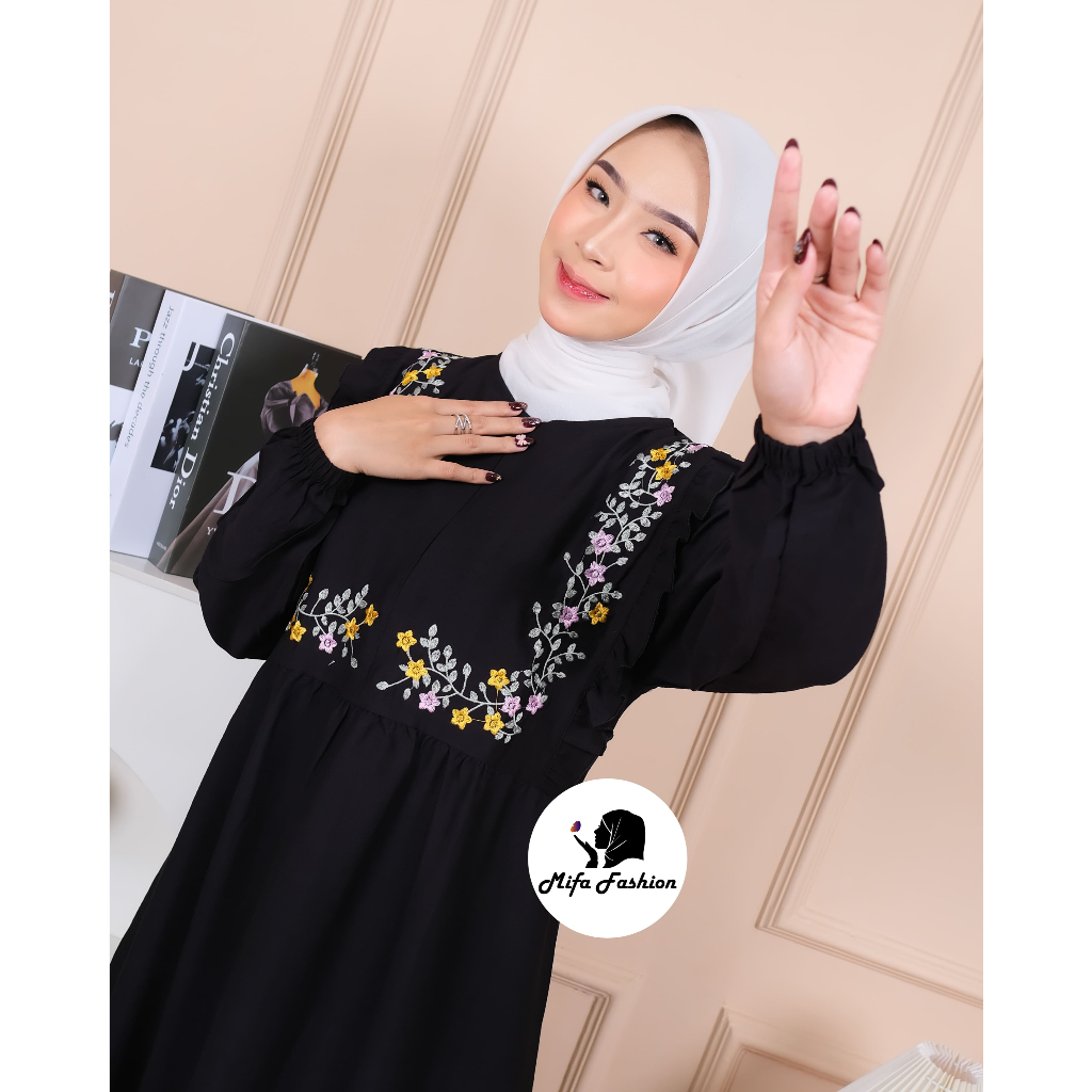 Hot Product Zora Gamis Wanita Mewah Elegan/Dress Kondangan Muslim Bahan Pollo Linen Bordir Bunga