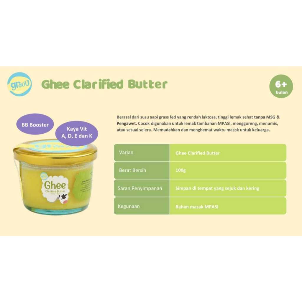 

Grouu Grassfed Ghee Butter BB Booster MPASI Mentega Rendah Laktosa 100g