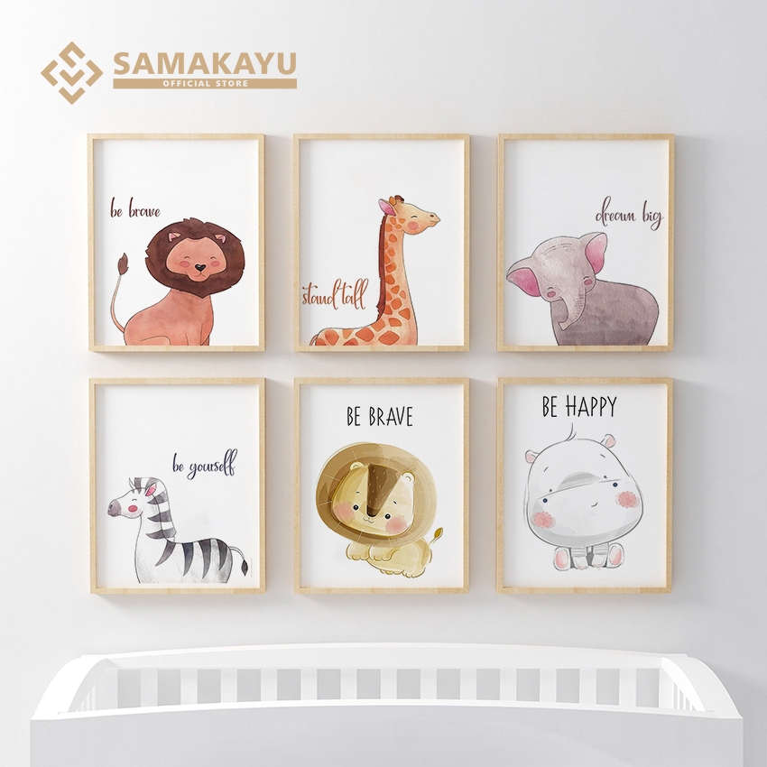 Poster Bingkai Hewan Lucu Hutan Hewan Monyet Jerapah Singa Gajah Poster Dekorasi Dinding