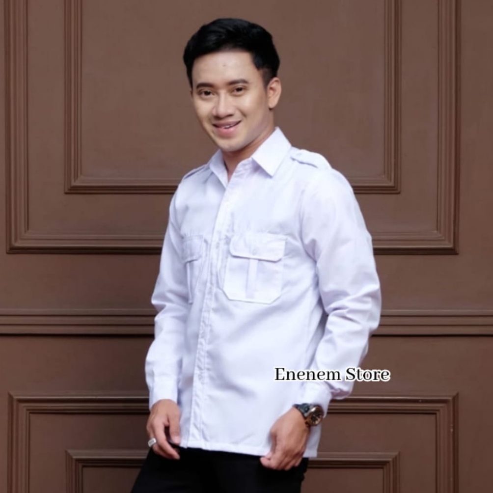 KODE K55X Seragam PDH Pria Putih Lengan Panjang Baju DinasPutih Pria Japan Drill Baju Dinas Pegawai 