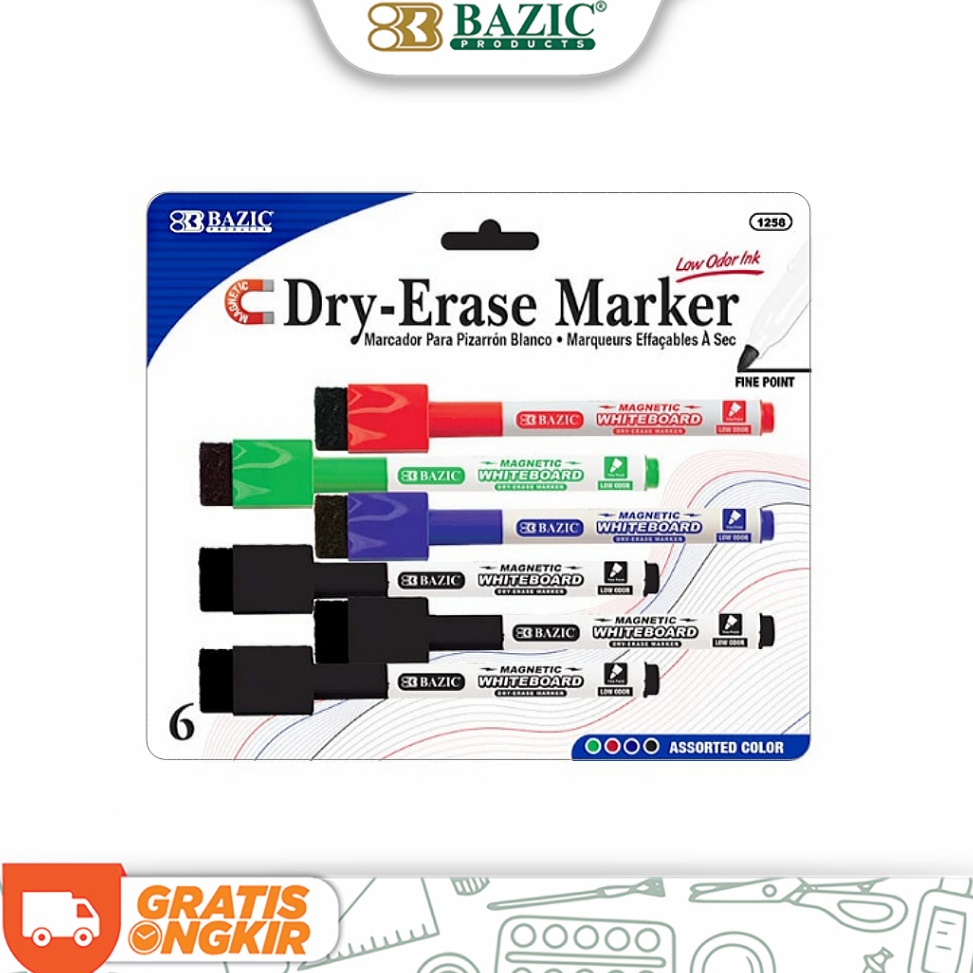 

Bazic Assorted Color Magnetic DryErase Markers Spidol Papan Tulis Isi 6 e C6A4