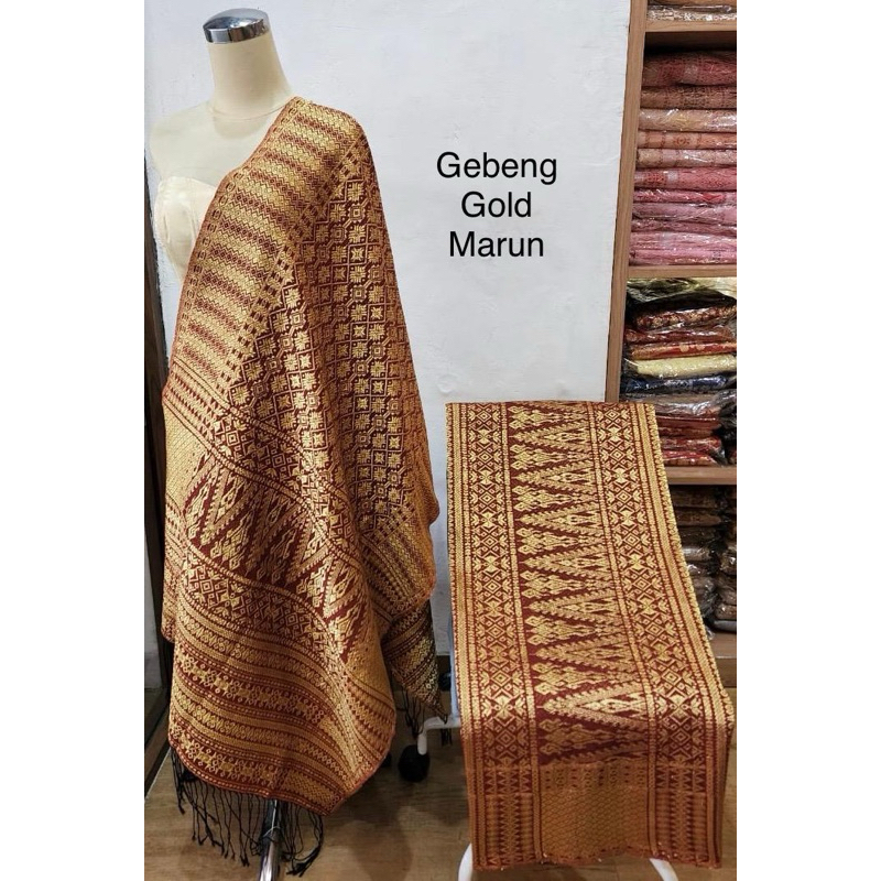 Songket Gebeng Berlian Tumtuman Sarung Selendang Bahan sutera Lembut warna cokelat Gold Marun