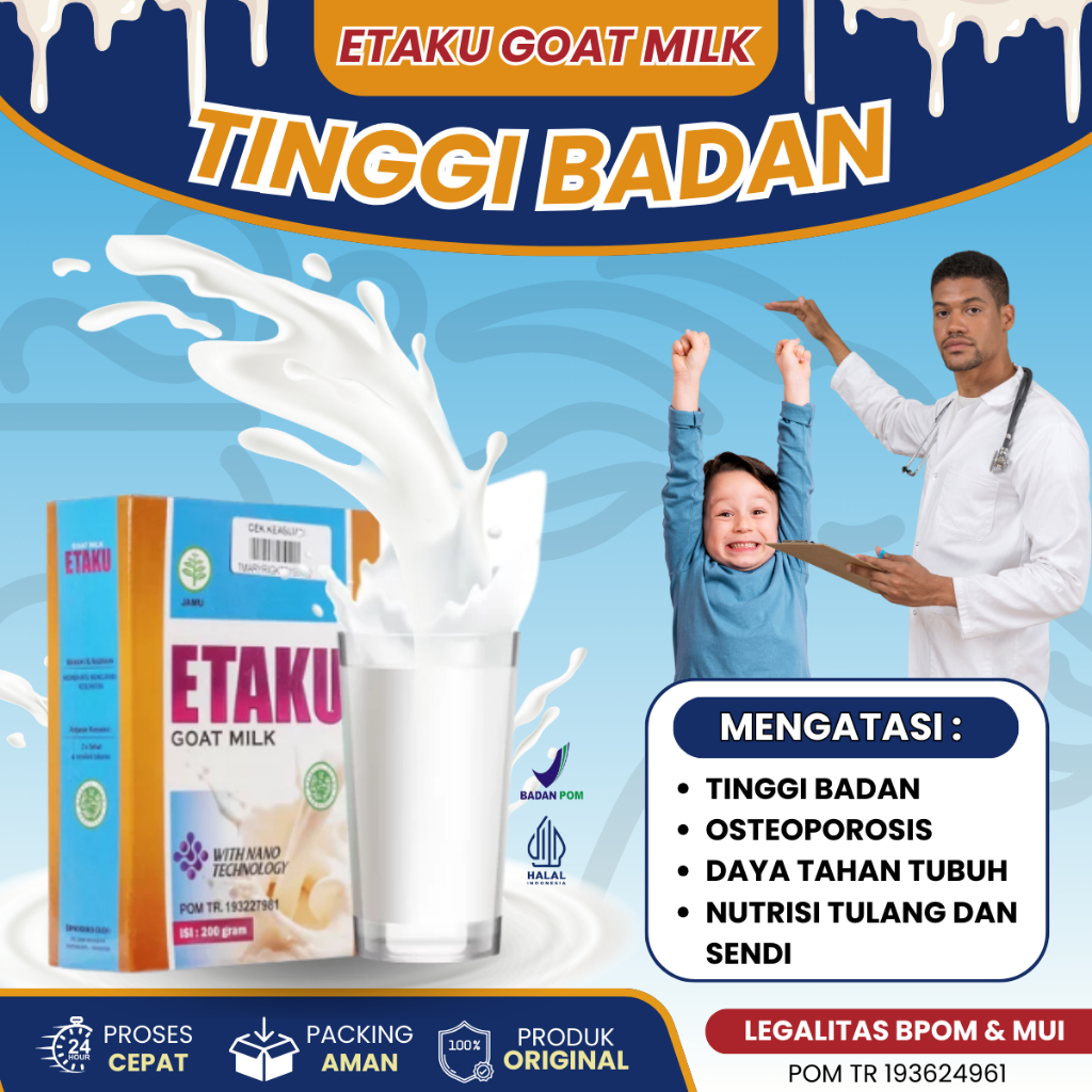 

Etaku Goat Milk Susu Kambing Vitamin High Calcium Solusi Untuk Peninggi badan, Membantu Atasi Tinggi Badan Anak Dan Dewasa, Penambah Nafsu makan anak, Vitamin Lahap Makan Anak Dan Dewasa, Pemulihan Tulang Keropos Mengobati Asma, Daya Tahan Tubu Anak, Kole