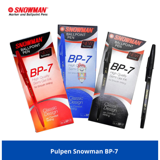 

(Pak/12Pcs) SNOWMAN - Bolpen BP7 0.5mm / Warna Hitam Merah Biru