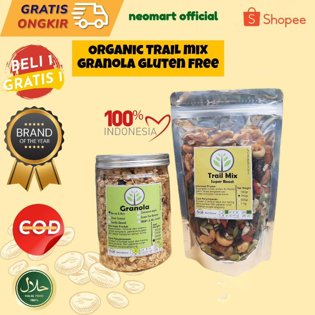 

Paket Praktis! Trail Mix 250gr+ Granola 500gr Sereal Sarapan Sehat. Oat, kismis, almond, Paket Sarapan.Paket Diet. Sarapan Sehat. Makanan Diet. Makanan rendah kalori