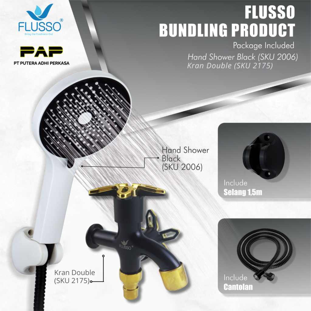 FLUSSO Paket Hemat Shower Set + Keran Double Black Engkol Flusso Original GARANSI KRAN 1 TAHUN