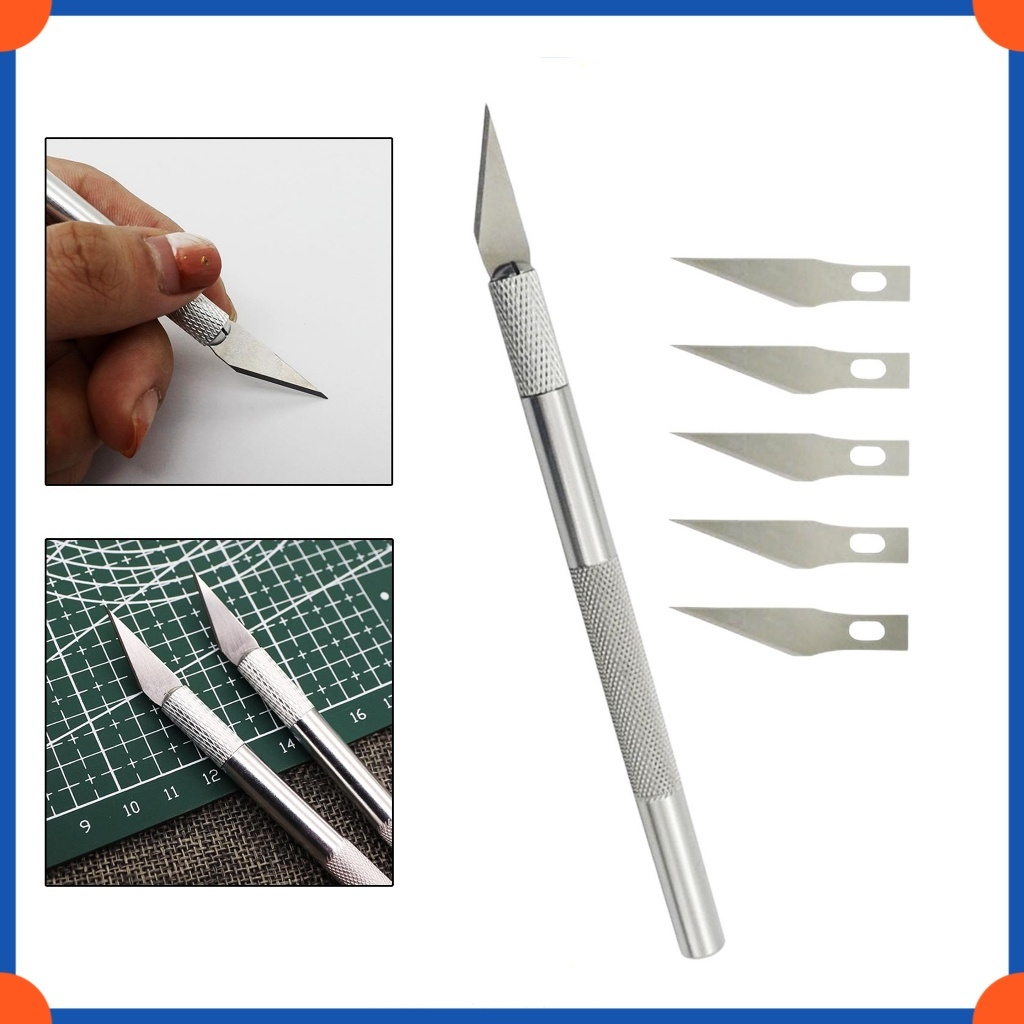 

Pisau Ukir Seni isi 5 Cutter Hobby Crafting Art Knife Handle Blade Pisau Bonsai Sayat Ukir Pen Cutter Set Mata dan Gagang Art Knife Refill