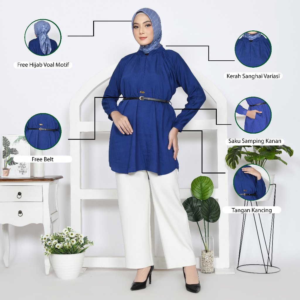 CATALEA TUNIK POLOS SET HIJAB MOTIF BAHAN POLO LINEN FREE BELT