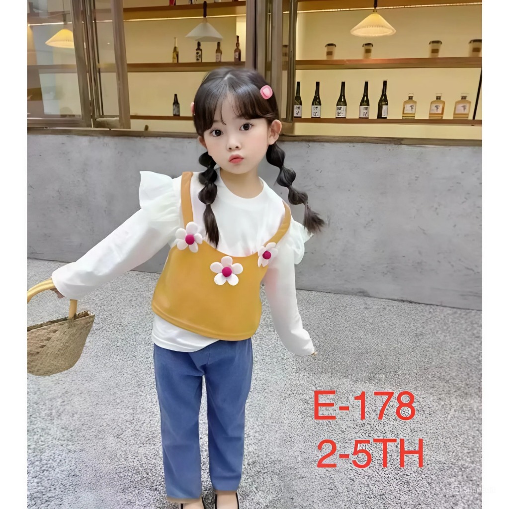 Setelan Baju Atasan Lengan Panjang Serut Variasi Bahu Rempel Kombinasi Rompi Rajut Waffle Motif Bung