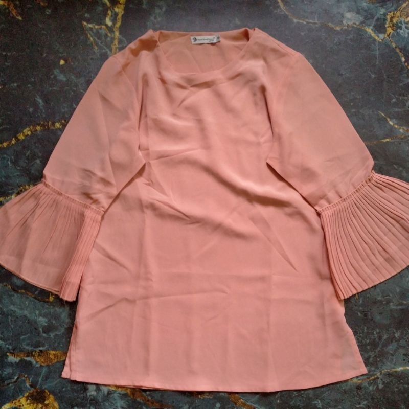 new blouse tunik wanita baju butik pink salmon kemeja o neck (masih baru bukan preloved)