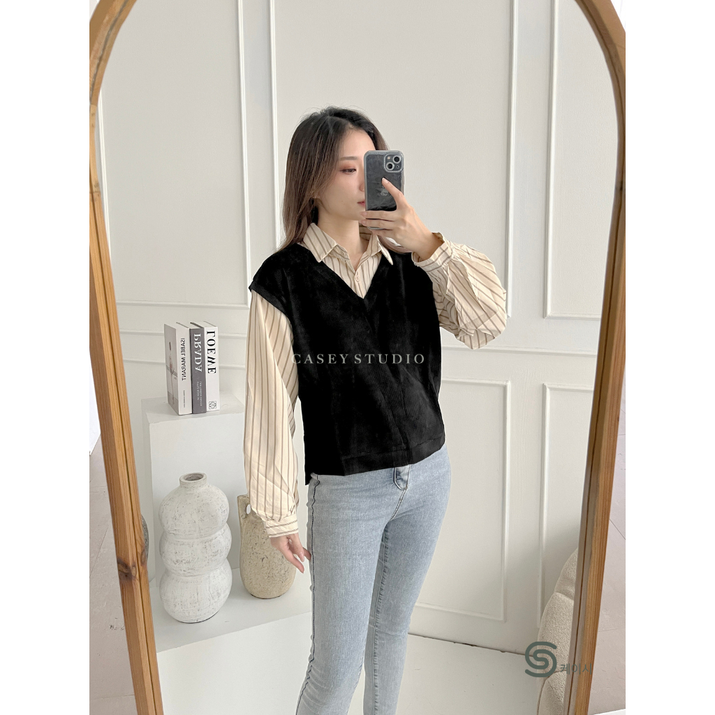 Casey Studio - Yeonha Korean Academy Premium Sweater Vest Blouse Kemeja Rompi Atasan Wanita One Set 