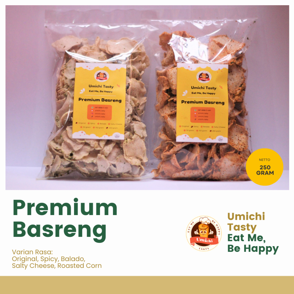 

Pre Order - Premium Basreng Bandung Daun Jeruk Umichi Tasty - Rasa Original, Pedas, Balado, Keju, Jagung Bakar (Refill 250 gram)