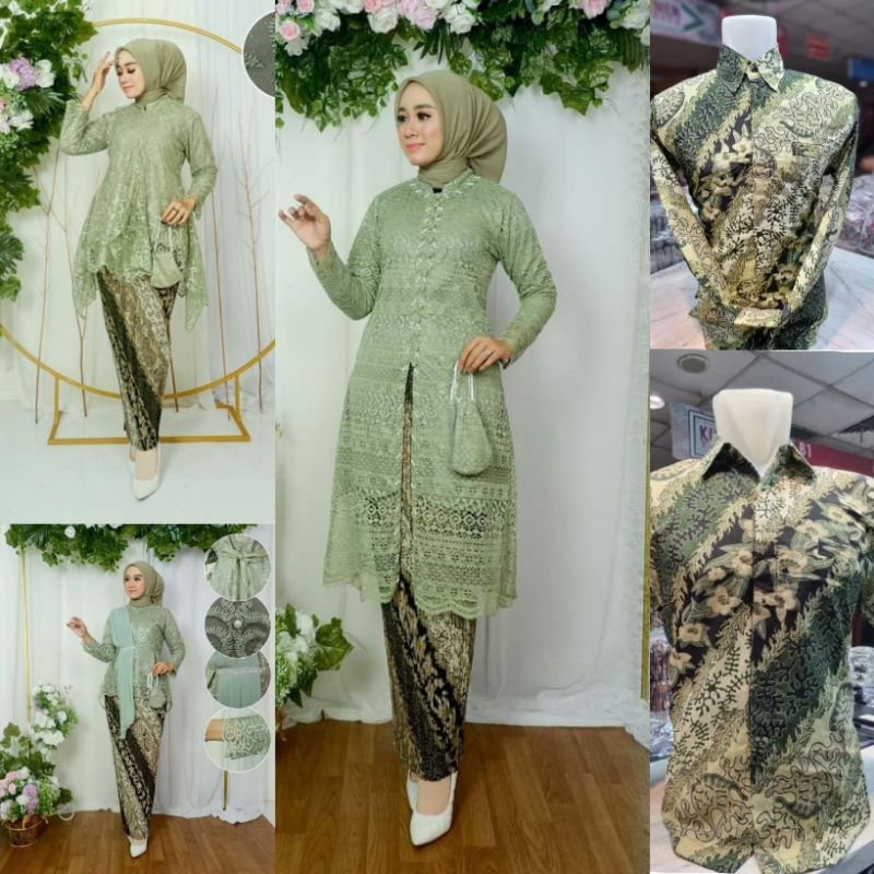 Set Kebaya Couple Tunik / Couple Kebaya Sage / Baju Batik Couple Motif