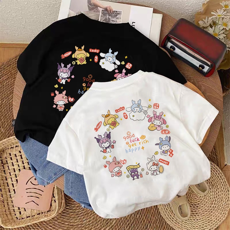Dailyway/Kaus Atasan Putih Anak sanrio family Perempuan Gaya Korea/Kaus Lengan Pendek  Anak Perempua