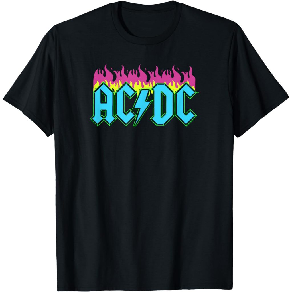 Baju Dewasa AC DC Rock Music Band Neon Flames T-Shirt Fashion Pakaian Atasan Kaos Laki Pria Wanita M