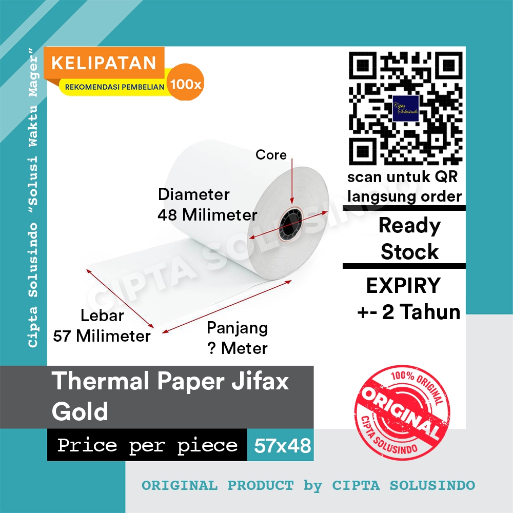 

Kertas Thermal Jifax Gold 57mmx48mm (diameter) atau 57x50 atau 58x50