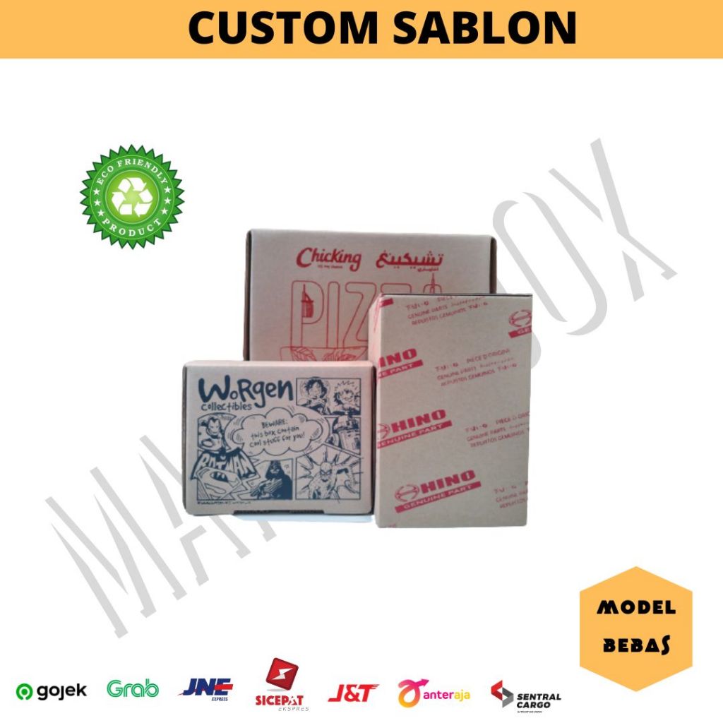 

Custom sablon kardus bebas pilihan warna dari 1-3 warna (belum termasuk pembuatan design)
